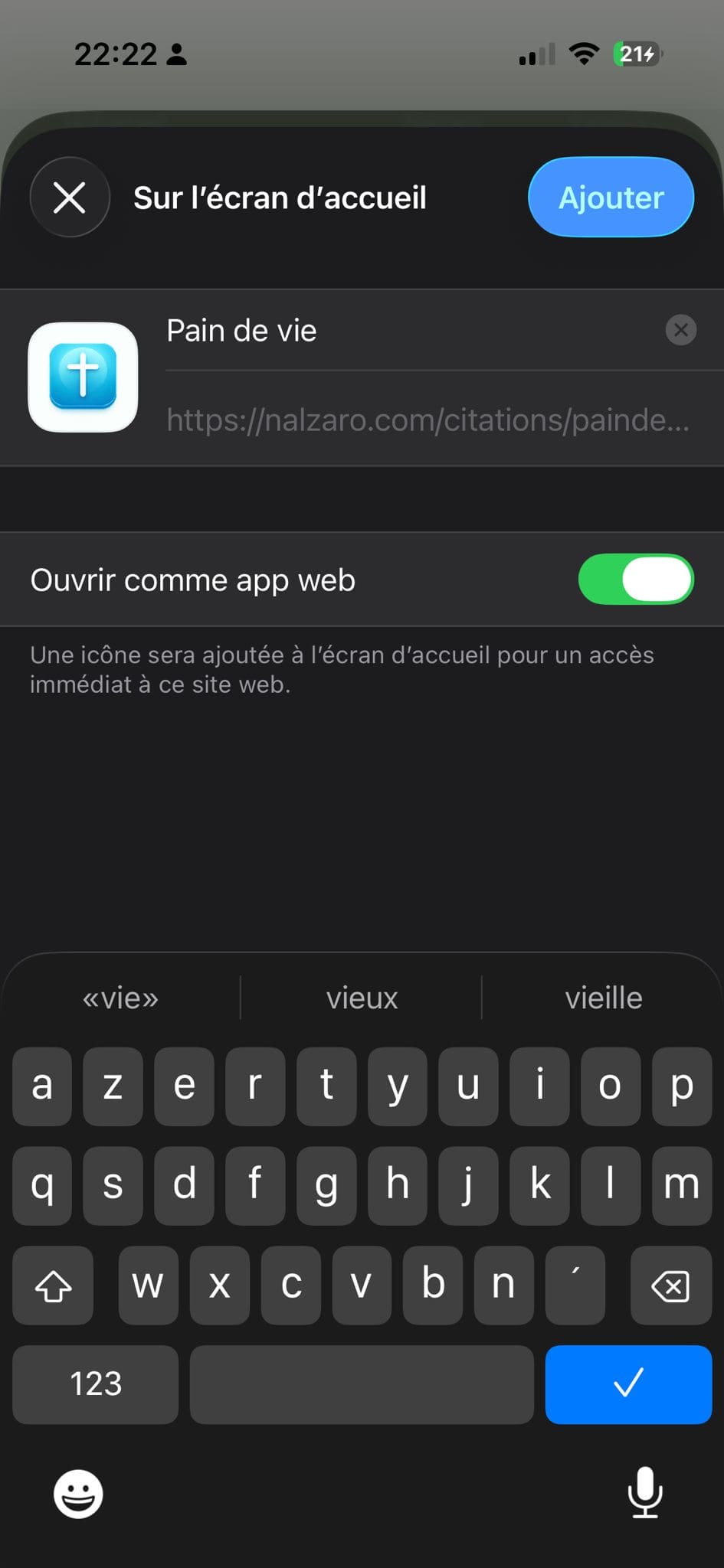 Confirmation Sur l'écran d'accueil avec Ouvrir comme app web